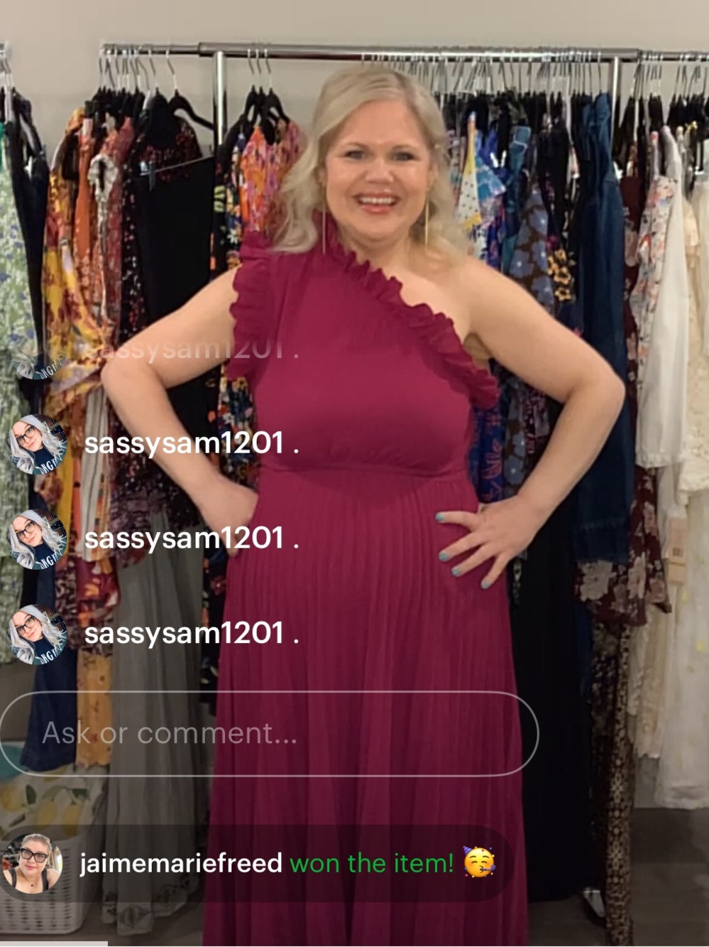 SHEIN One-Shoulder Ruffle Pleated Midi Dress in Fuchsia as seen on Annabelle!